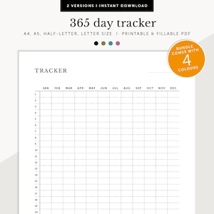 Rastreador de 365 días, Rastreador de progreso diario, Diario de seguimiento de objetivos, Rastreador de hábitos Planificador imprimible y rellenable, A4/A5/Carta/Tamaño medio