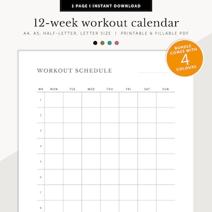 Trainingsplanner voor 12 weken, fitnessschema, fitnessplanner voor 3 maanden, invulbare en afdrukbare planner-inserts, A4/A5/Letter/Half Size