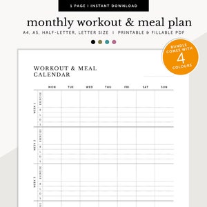 Maandelijkse trainings- en maaltijdplanner, maandelijkse gezondheidsplanner, fitness- en voedingstracker, invulbaar en afdrukbaar plan, A4/A5/Letter/Half Size