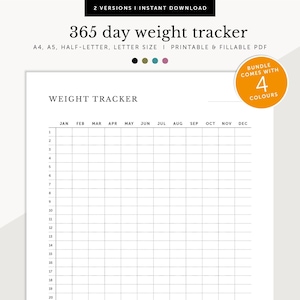 Seguimiento de peso de 365 días, Seguimiento de pérdida de peso, Registro de peso diario, Seguimiento de bienestar, Planificador rellenable e imprimible, A4/A5/Carta/Tamaño medio