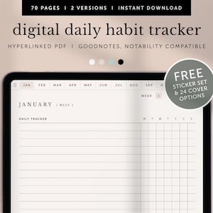 Puede incluir: Un rastreador de hábitos diario digital en la pantalla de una tableta. El rastreador es para enero e incluye una sección de seguimiento diario y un calendario semanal. La pantalla muestra el mes de enero con la primera semana resaltada. La tableta está sobre una superficie rosa claro con un lápiz blanco a su lado. El texto "FREE STICKER SET & 24 COVER OPTIONS" está en un círculo en el lado derecho de la imagen.