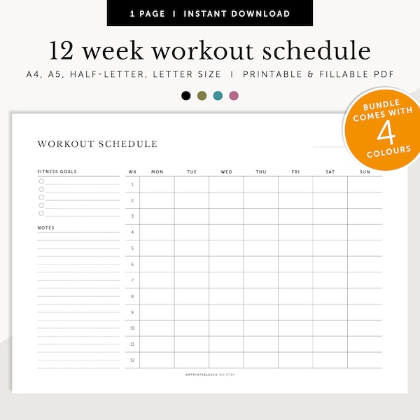 12-week Workout Planner, Workout Schedule, 3-month Fitness Planner, Fillable & Printable Planner Inserts, A4/A5/Letter/Half Size