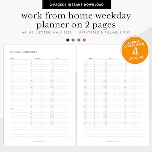 Work From Home Weekday Schedule on 2 pages, Half Hourly Weekday Planner, Appointment Tracker, Fillable & Printable, A4/A5/Letter/Half Size