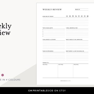 Op de afbeelding: Een printbare wekelijkse reviewplanner met secties voor tophighlights, uitdagingen en lessen, taken in uitvoering, dingen om te stoppen, te beginnen en te blijven doen. De planner bevat ook secties voor dankbaarheid en wat verbeterd moet worden. De planner is verkrijgbaar in vier kleuren.