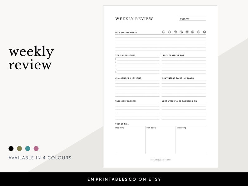 Op de afbeelding: Een printbare wekelijkse reviewplanner met secties voor tophighlights, uitdagingen en lessen, taken in uitvoering, dingen om te stoppen, te beginnen en te blijven doen. De planner bevat ook secties voor dankbaarheid en wat verbeterd moet worden. De planner is verkrijgbaar in vier kleuren.