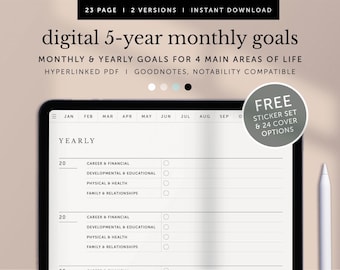 Digital 5-year Journal, 5-year, Goals, Goals for 4 Main Areas of Life, Monthly Goals, Yearly Goals, Goodnotes, iPad, Hyperlinked PDF