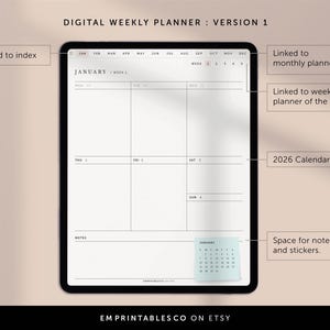 May include: A digital weekly planner template for January, with a calendar view for the month, space for notes and stickers, and links to monthly and index planners. The planner is displayed on a tablet screen.