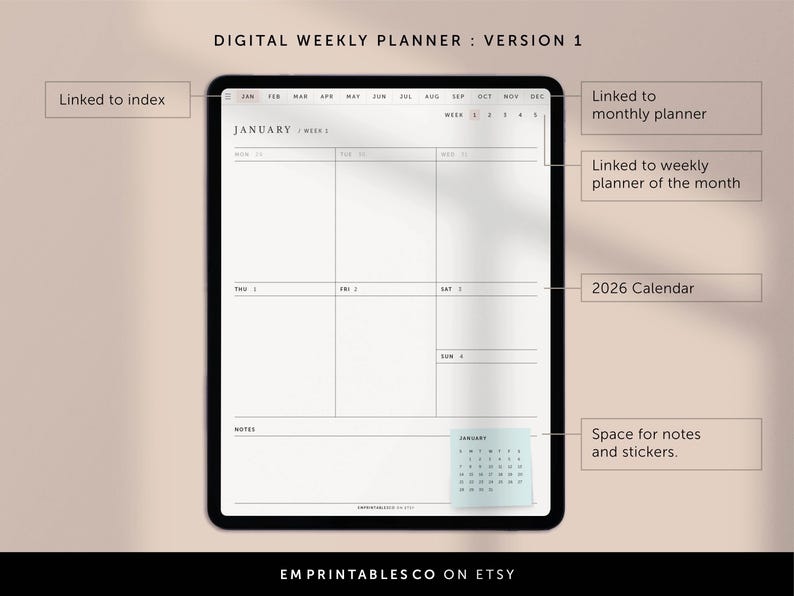 May include: A digital weekly planner template for January, with a calendar view for the month, space for notes and stickers, and links to monthly and index planners. The planner is displayed on a tablet screen.