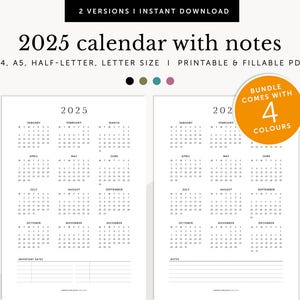 2025 Calendar with Notes, 2025 Wall Calendar, Important Dates, 2025 Desk Calendar, 2025 Printable Planner Inserts, A4/A5/Letter/Half Size