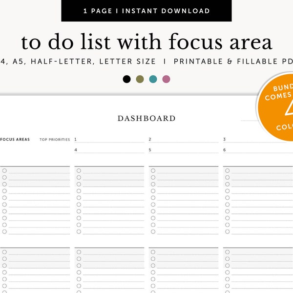 To do List with Focus Areas, Project Planner, Productivity Planner, Agenda List, Fillable & Printable Planner, A4/A5/Letter/Half Size