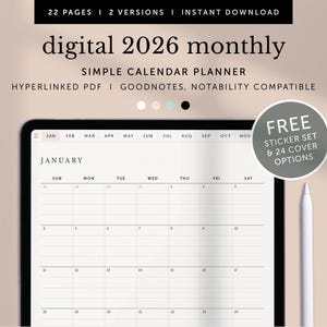 Op de afbeelding: Digitale maandelijkse kalenderplanner 2026 weergegeven op een tablet. Het scherm toont een januari kalenderindeling. De tekst "digital 2026 monthly" staat bovenaan. Inclusief een gratis sticker set en 24 omslagopties.