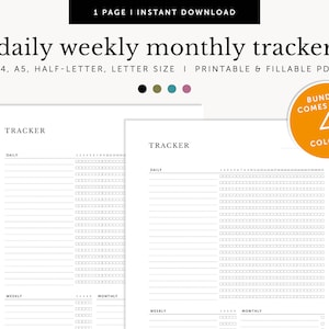 May include: Printable daily, weekly, and monthly tracker in black and white. The tracker is designed for use with a pen or pencil and has space for daily, weekly, and monthly tasks. The tracker is available in four colors.