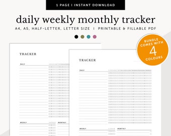 Daily Weekly Monthly Goal Tracker, Monthly Habit Tracker, Routine checklist, Fillable & Printable, Planner Inserts, A4/A5/Letter/Half Size