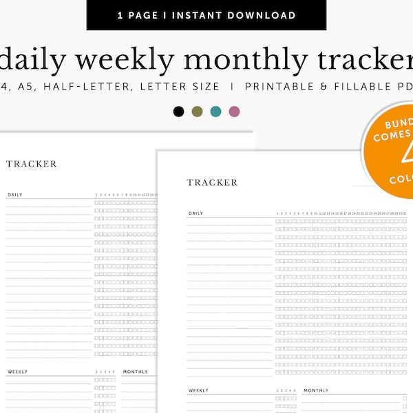 Daily Weekly Monthly Goal Tracker, Monthly Habit Tracker, Routine checklist, Fillable & Printable, Planner Inserts, A4/A5/Letter/Half Size