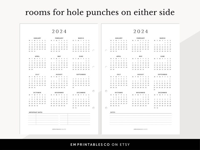 Calendario 2024 con notas, Calendario de pared 2024, Fechas importantes, Calendario de
