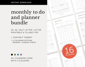 Monthly Planner Template Bundle, Monthly To Do, Monthly Productivity Planner, Fillable & Printable Monthly Planner, A4/A5/Letter/Half Size