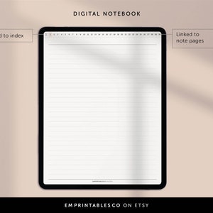 May include: A digital notebook with lined pages, a black border, and a numbered index. The notebook is displayed on a light pink background. The text "Linked to index" appears on the left side of the image and "Linked to note pages" appears on the right side of the image.