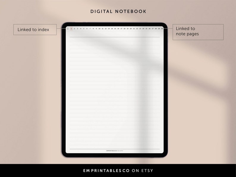 May include: A digital notebook with lined pages, a black border, and a numbered index. The notebook is displayed on a light pink background. The text "Linked to index" appears on the left side of the image and "Linked to note pages" appears on the right side of the image.