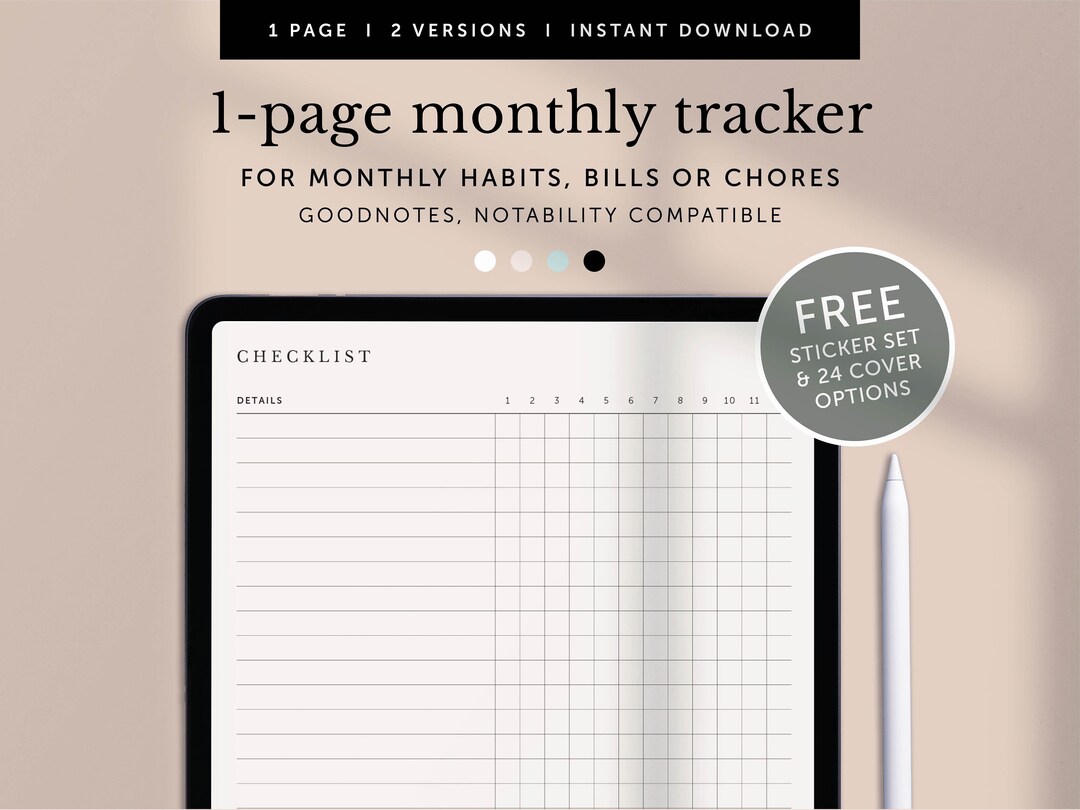 Digital 1-page Monthly Tracker, Annual Tracker Overview, Digital Yearly ...