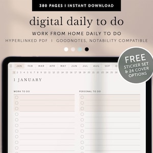 Puede incluir: Un planificador diario digital en la pantalla de una tableta. El planificador tiene un calendario para el año, una sección para tareas de trabajo y una sección para tareas personales. El planificador es compatible con Goodnotes y Notability. La imagen también incluye un conjunto de pegatinas gratis y 24 opciones de portada.