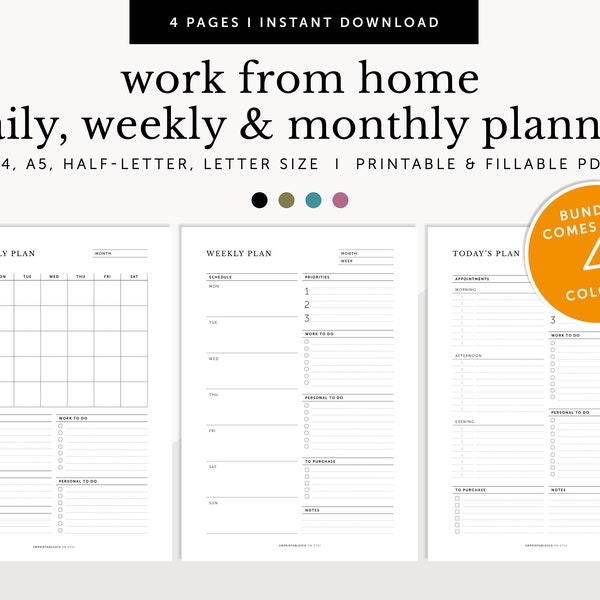 Work From Home Daily Weekly Monthly Planner, Printable Organizer, Schedule, Planner Set & Inserts, Fillable Planner, A4/A5/Letter/Half Size