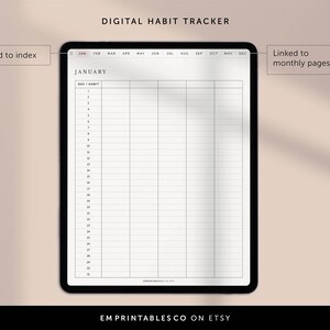 May include: A digital habit tracker template for January on a tablet screen. The template has a calendar grid with days of the month listed on the left and columns for each habit. The template is linked to an index and monthly pages.