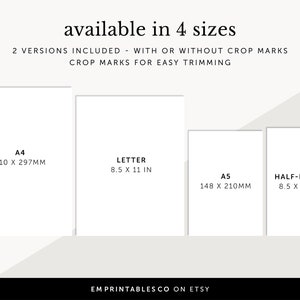 Pode incluir: Modelo imprim&iacute;vel dispon&iacute;vel em quatro tamanhos: A4 (210 x 297 mm), Carta (8,5 x 11 polegadas), A5 (148 x 210 mm) e Meia Carta (8,5 x 5,5 polegadas). Duas vers&otilde;es s&atilde;o inclu&iacute;das: com ou sem marcas de corte para facilitar o recorte.