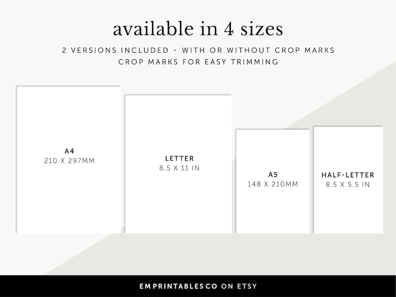 Pode incluir: Modelo imprim&iacute;vel dispon&iacute;vel em quatro tamanhos: A4 (210 x 297 mm), Carta (8,5 x 11 polegadas), A5 (148 x 210 mm) e Meia Carta (8,5 x 5,5 polegadas). Duas vers&otilde;es s&atilde;o inclu&iacute;das: com ou sem marcas de corte para facilitar o recorte.