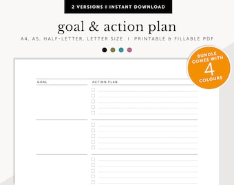 Goal Planner, Action Plan, To Do List, Productivity Planner, Project Planner, Fillable & Printable, Planner Inserts, A4/A5/Letter/Half Size