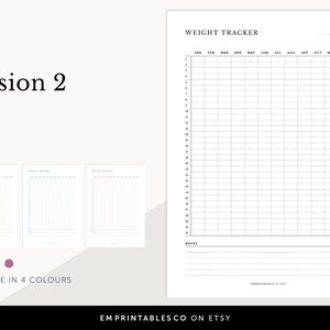 May include: Printable weight tracker with a grid for recording weight each day of the year. The tracker includes a notes section at the bottom. The tracker is available in four colors.