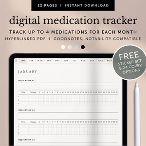 Puede incluir: Seguimiento digital de medicamentos en una tableta. La pantalla muestra un diseño de calendario mensual para rastrear hasta 4 medicamentos. El texto incluye "22 PÁGINAS | DESCARGA INSTANTÁNEA" y "CONJUNTO DE PEGATINAS GRATUITO Y 24 OPCIONES DE PORTADA."