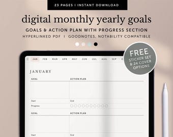 Digital Monthly Goals, Yearly Goals, Goal Action Plan, Goal Progress Tracker, Goodnotes, Notability, Ipad Planner, Hyperlinked PDF