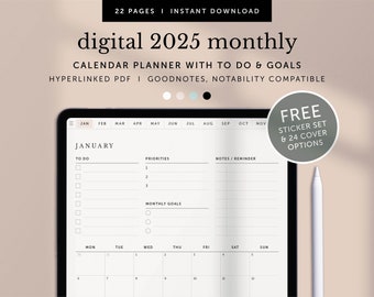 2025 Digitaler Monatsplaner, 2025 Monat im Überblick, 2025 Monatsziele & To do Checklist, Goodnotes Planer, Notability, Verlinkter PDF