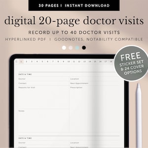 20-sidig mall för digitala läkarbesök, medicinsk loggbok, hälsorapportering, Goodnotes-planerare, Notability-planerare, iPad, hyperlänkad PDF