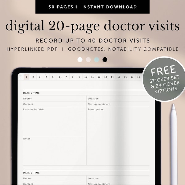 Modèle numérique de 20 pages pour visites chez le médecin, carnet de bord médical, suivi de la santé, agenda Goodnotes, agenda Notability, iPad, PDF avec lien hypertexte