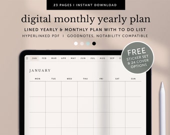 Digital Monthly Planner, Yearly Planner, Monthly Schedule, To Do List, Goodnotes Planner, Notability Planner, Ipad Planner, Hyperlinked PDF