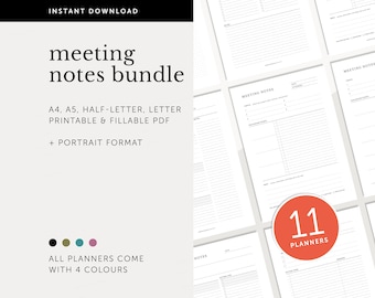 Puede incluir: Un paquete de descarga digital de 11 plantillas de notas de reunión imprimibles y rellenables en tamaños A4, A5, media carta y carta. Las plantillas están disponibles en cuatro colores e incluyen una opción de formato vertical. El texto "meeting notes bundle" se muestra en una fuente grande en la parte superior de la imagen.