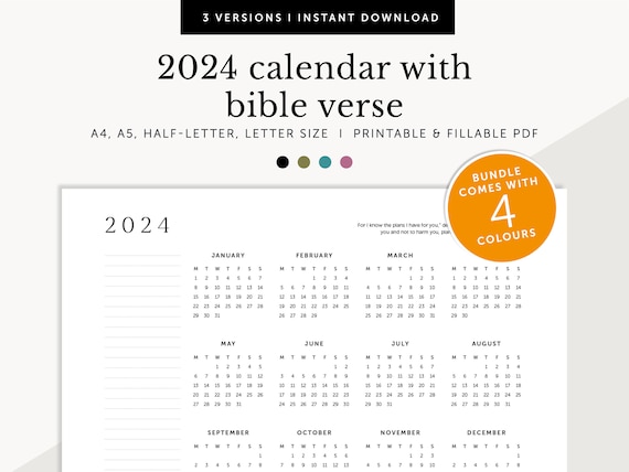 Calendrier 2024 avec versets bibliques, planificateur chrétien 2024,  planificateur de dévotion annuel 2024, imprimable et remplissable,  A4/A5/Lettre/Demi-taille -  France