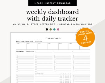 Weekly Dashboard Overview, Daily Habit Tracker, Weekly Project Planner, Fillable & Printable Planner Inserts, A4/A5/Letter/Half Size