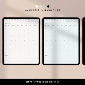 May include: Four digital calendar templates displayed on tablet screens. The calendars are in white, light blue, black, and dark gray. Each calendar has the month of January displayed with the days of the week labeled. The text "AVAILABLE IN 4 COLOURS" is displayed above the tablets.