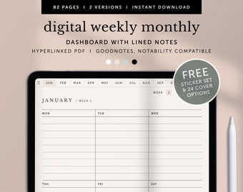 Digital Weekly Monthly Planner, Digital Weekly Notes, Weekly Journal, Goodnotes Planner, Notability Planner, IPad Planner, Hyperlinked PDF