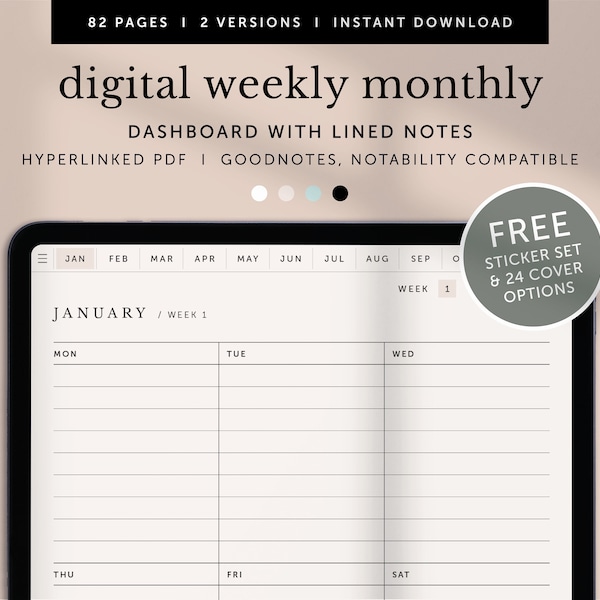 Digital Weekly Monthly Planner, Digital Weekly Notes, Weekly Journal, Goodnotes Planner, Notability Planner, IPad Planner, Hyperlinked PDF