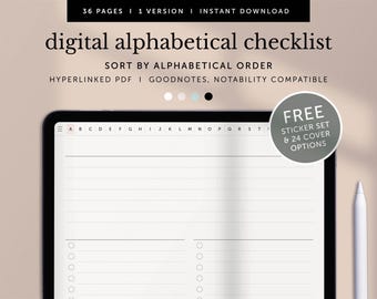 Digital Alphabetical Checklist, Alphabetical Notebook with To Do List, Goodnotes Tasks Planner, iPad Planner, Hyperlinked PDF