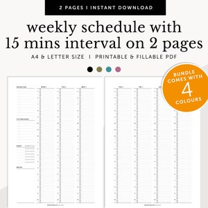 May include: A printable weekly schedule with 15-minute intervals, available in A4 and Letter sizes. The design includes sections for priorities, to-purchase items, habits, and notes. The bundle comes with 4 colors.