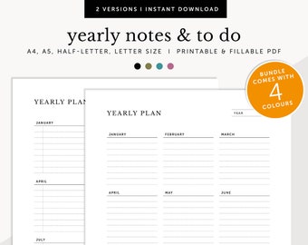 Yearly Notes, Yearly To Do, Yearly Organizer, Yearly Goals, Yearly Overview, Digital Planner, Printable Planner, A4/A5/Letter/Half Size