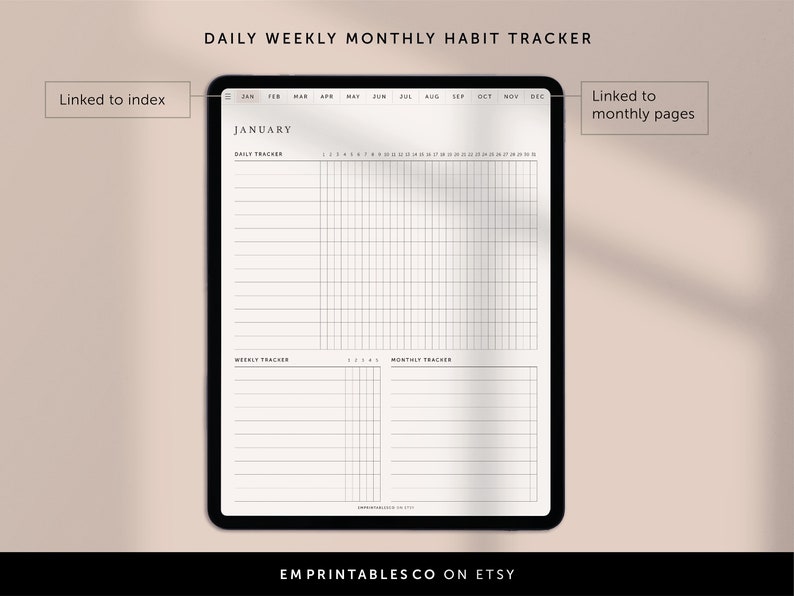 May include: A digital planner template for tracking daily, weekly, and monthly habits. The template includes a calendar for the year, a daily tracker, a weekly tracker, and a monthly tracker. The template is designed to be used with a digital planner app.