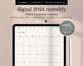 2024 Digital Monthly Planner, 2024 Monthly Overview, 2024 Monthly Schedule, Monthly Diary, Goodnotes Planner, Notability, Hyperlinked PDF