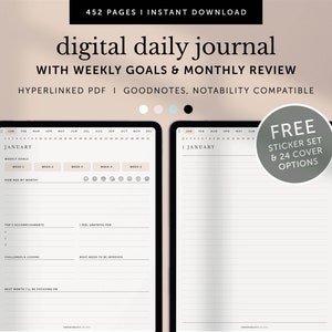 May include: A digital daily journal with 452 pages, weekly goals, and a monthly review. The journal is compatible with Goodnotes and Notability. It includes a free sticker set and 24 cover options.