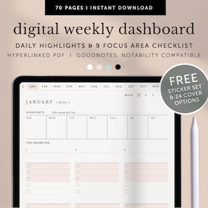 May include: A digital weekly dashboard planner displayed on a tablet screen. The planner is for January and features daily highlights, top priorities, and a weekly checklist. The planner is compatible with Goodnotes and Notability apps. A free sticker set and 24 cover options are included.