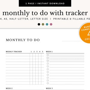 Monthly To Do with Weekly Tracker, Monthly Checklist, Weekly To Do, Monthly Project Planner, Printable & Digital, A4/A5/Letter/Half Size